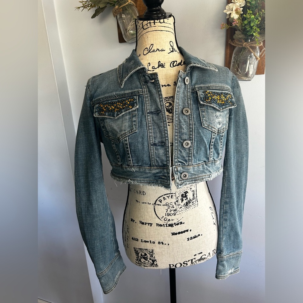 Dollhouse denim jacket girls stretch edgy‎ punk rock distressed beads on pockets